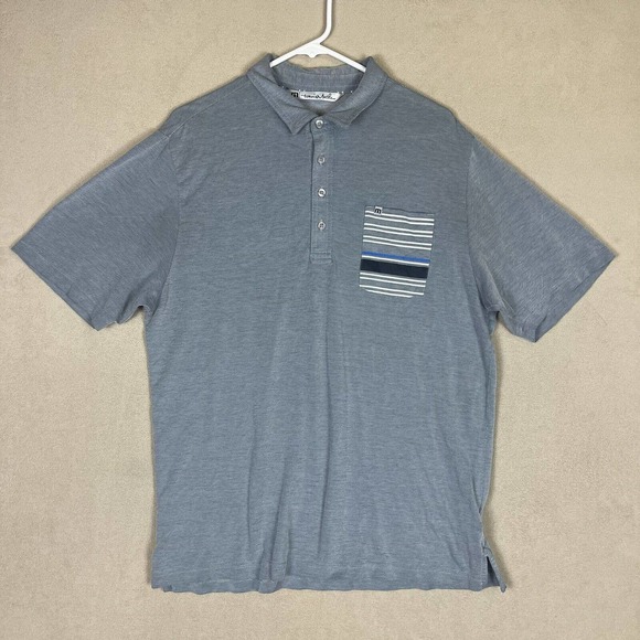 Travis Mathew Mens L Short Sleeve Polo Golf Shirt Chest Pocket Gray Embroidered - Picture 1 of 12